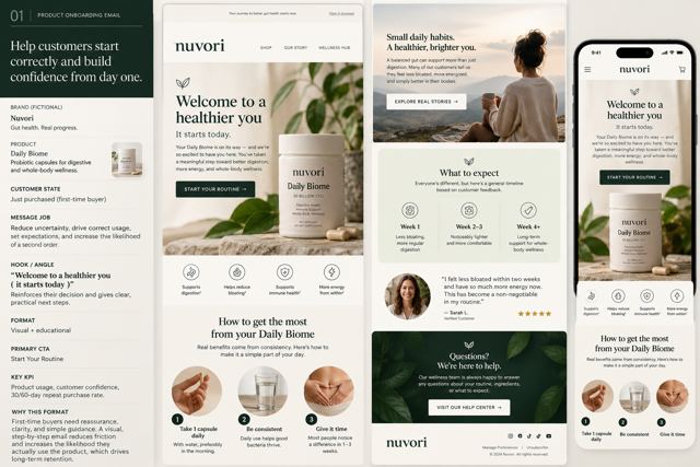 Nuvori: Onboarding email, desktop and mobile
