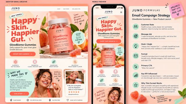 Juno Formulas product launch email on desktop and mobile