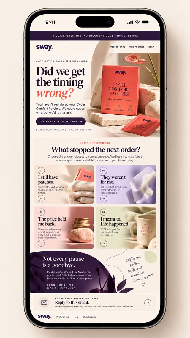 Sway: Win-back email on mobile
